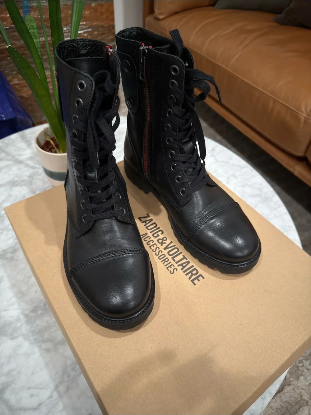 Zadig & Voltaire Black Leather Lace-Up Combat Boots with Side Zip